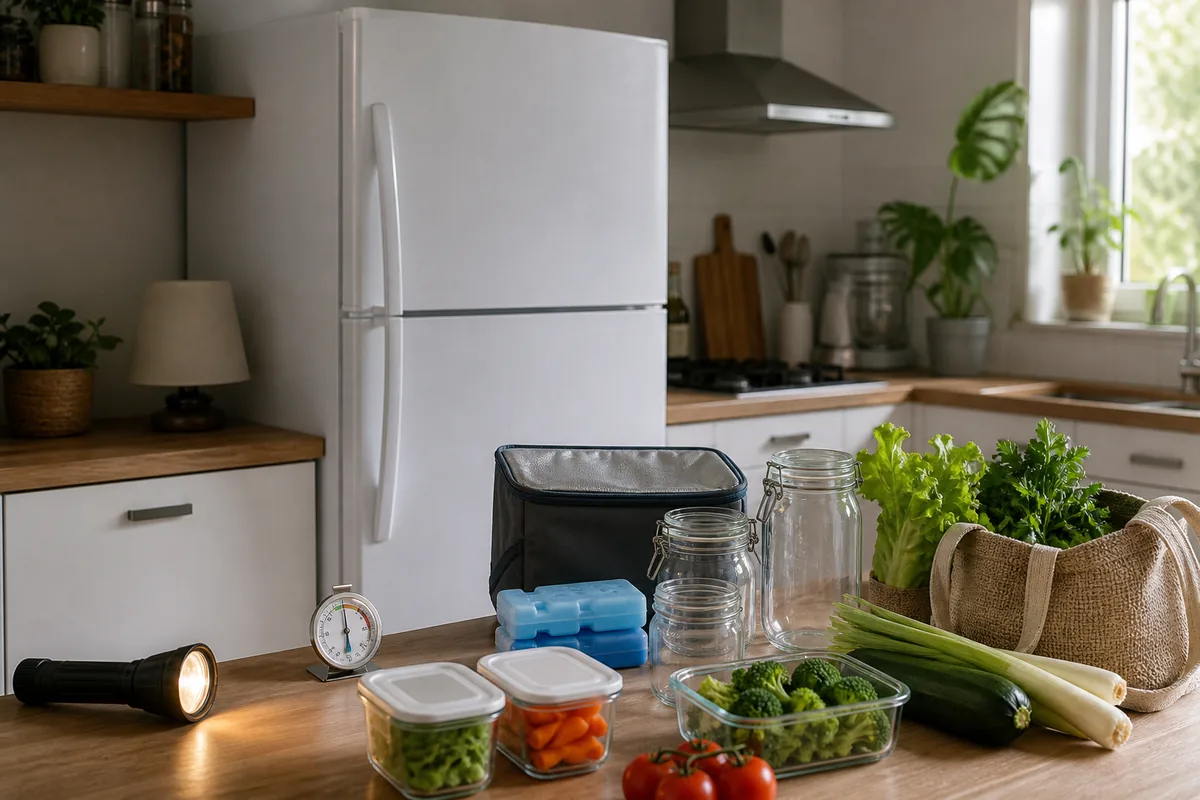 Frigo fermé avec thermomètre, bocaux et pains de glace pendant une coupure de courant