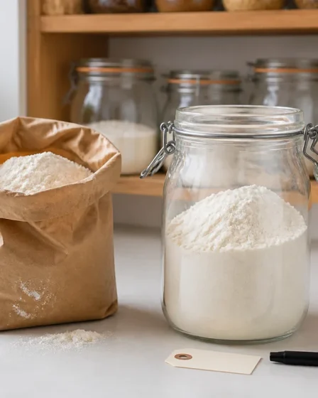 Paquet de farine ouvert avec bocal hermétique en verre sur un plan de cuisine