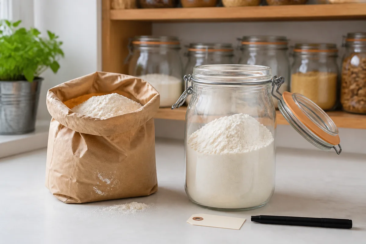 Paquet de farine ouvert avec bocal hermétique en verre sur un plan de cuisine