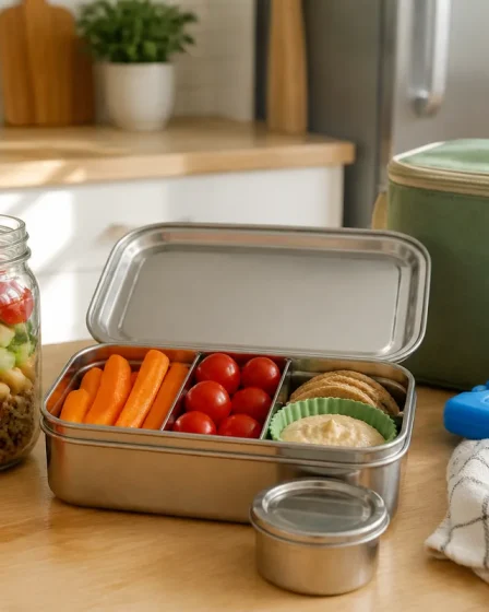 Lunch box ouverte avec bocal, pain de glace et sac isotherme sur un plan de travail