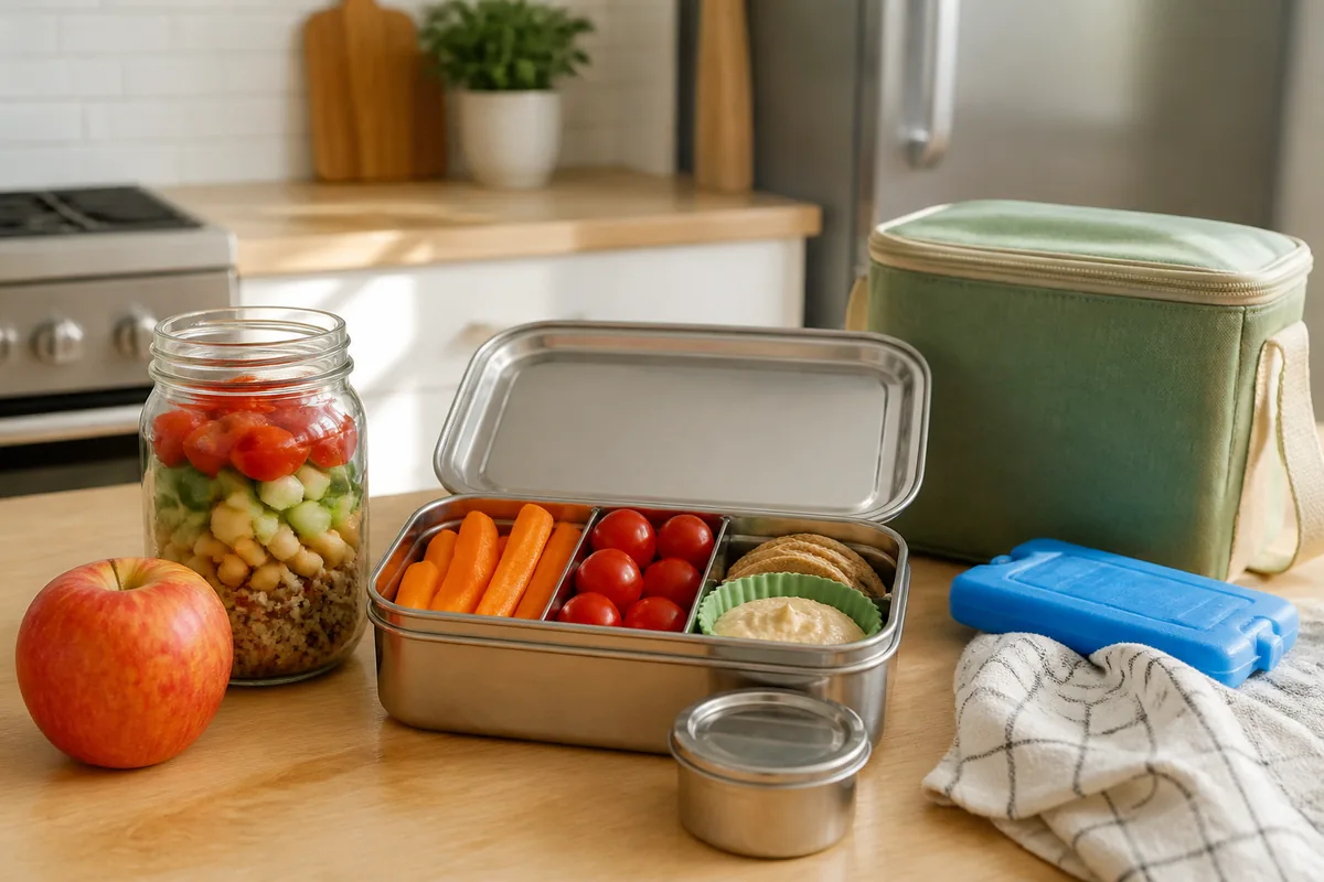 Lunch box ouverte avec bocal, pain de glace et sac isotherme sur un plan de travail