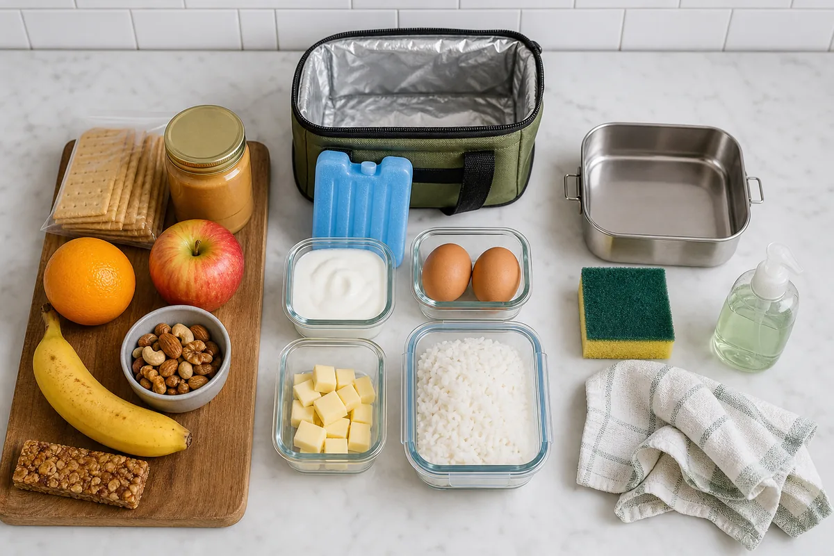 Mémo visuel pour trier une lunch box sans frigo avec aliments secs, froid et lavage
