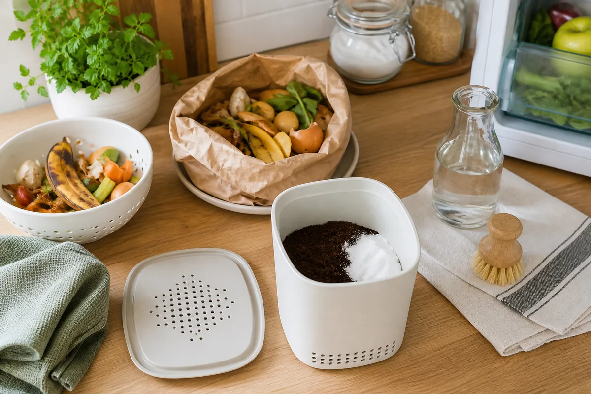 Mémo visuel sans texte pour limiter odeurs, humidité et moucherons autour du bac de cuisine