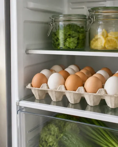 Boîte d’œufs rangée sur une étagère de frigo avec thermomètre et bocaux en verre