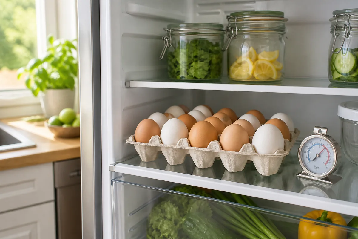 Boîte d’œufs rangée sur une étagère de frigo avec thermomètre et bocaux en verre