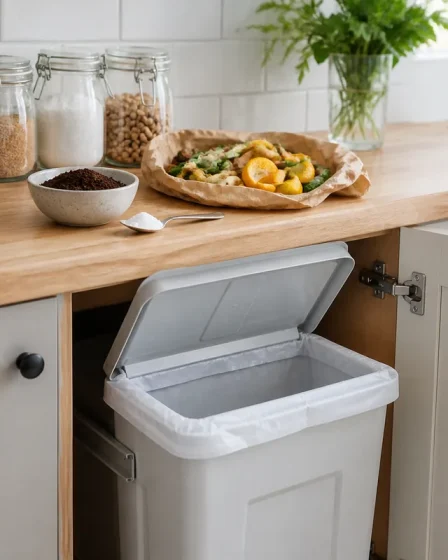 Bac de cuisine propre avec bicarbonate, marc de café sec, bocaux et déchets végétaux emballés