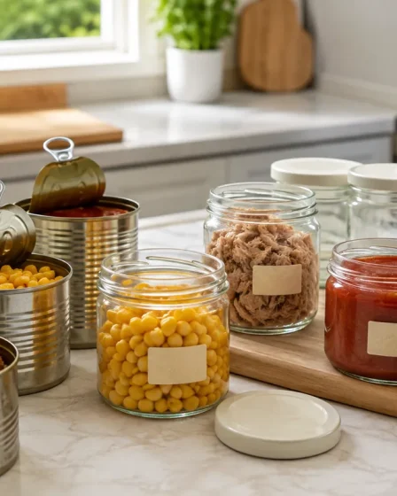 Boîtes de conserve ouvertes avec maïs, thon et tomates transvasés dans des bocaux au frigo