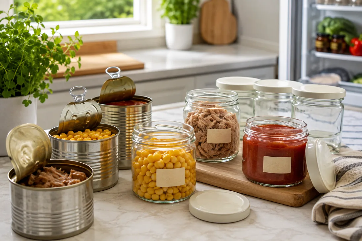 Boîtes de conserve ouvertes avec maïs, thon et tomates transvasés dans des bocaux au frigo