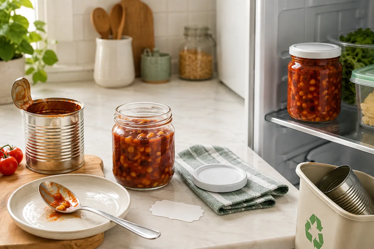 Mémo visuel sans texte pour ranger une conserve ouverte dans un bocal au frigo