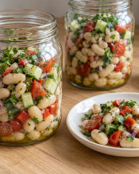 Salade de haricots blancs en conserve, concombre, tomates cerises et poivron dans deux bocaux