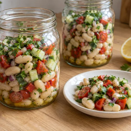 Salade de haricots blancs en conserve, concombre, tomates cerises et poivron dans deux bocaux