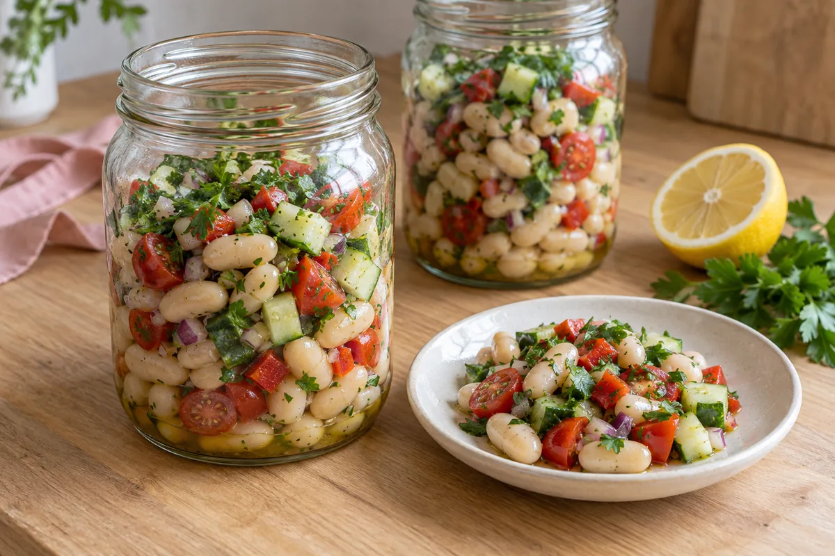 Salade de haricots blancs en conserve, concombre, tomates cerises et poivron dans deux bocaux
